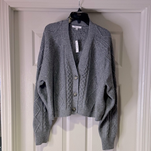 NWT Madewell Women’s Cable Knit Cropped Cardigan in Heather Graphite - Picture 7 of 12